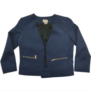 Club Monaco Navy Textured Cropped Blazer Gold Zip Pockets Women 6 Work Casual
